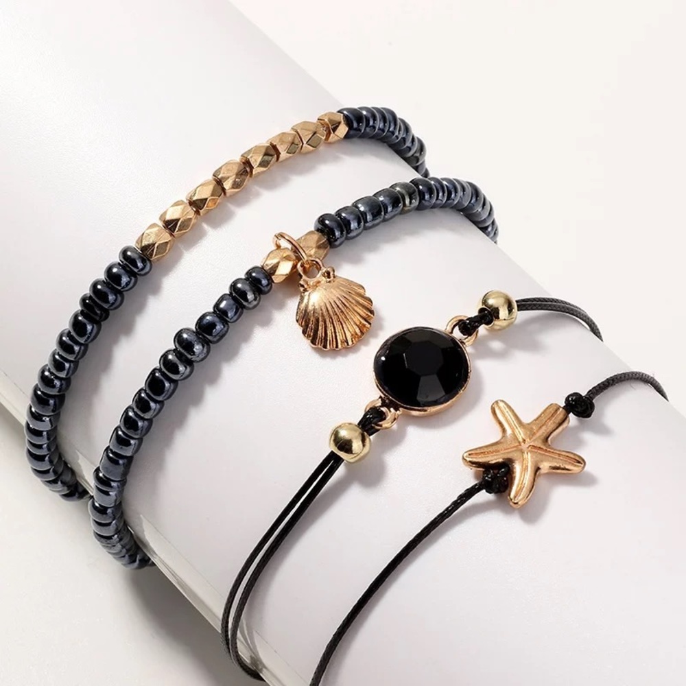 4 Pcs Black & Gold Starfish and Shell Bracelet Set - Picture 4 of 8